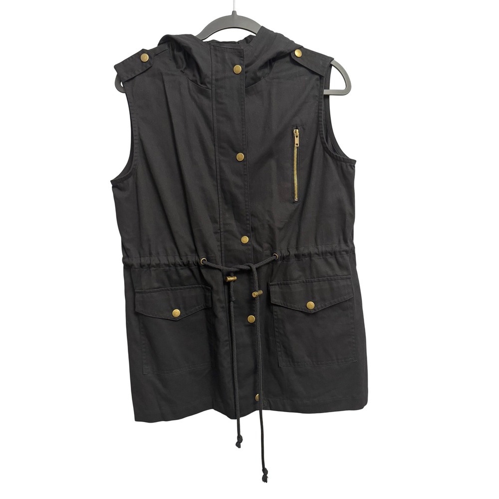 Zenana Outfitters Small Black Hooded Utility Vest Cotton Drawstring Lagenlook